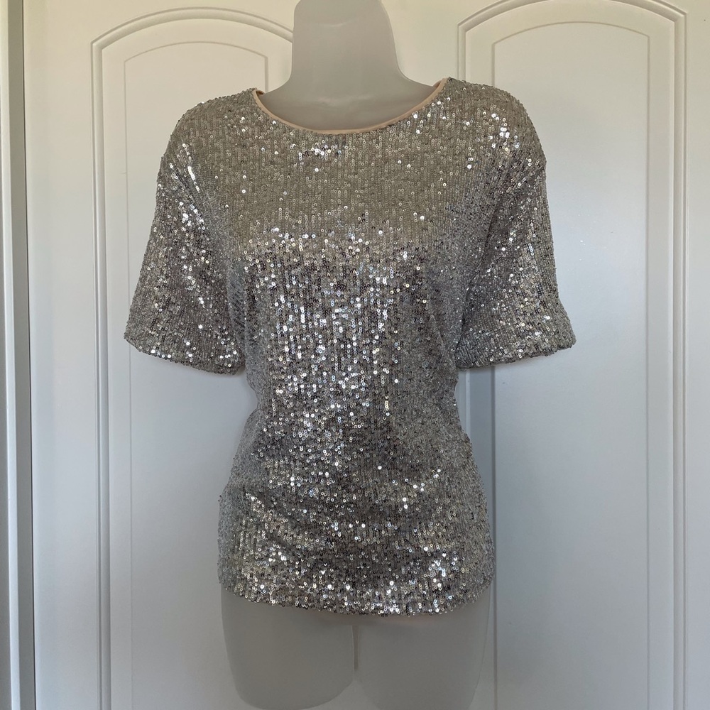 Glamorous Silver Sequin Short Sleeve Top